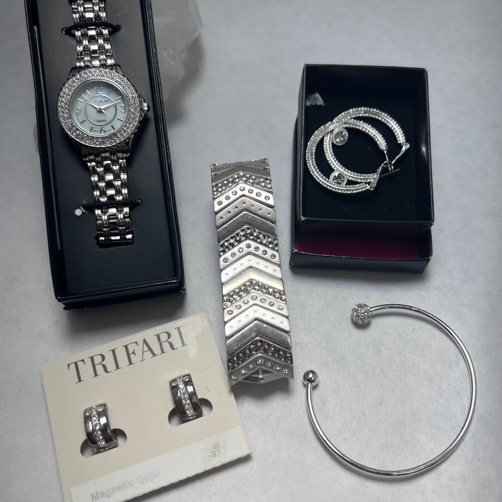 Silver Tone Jewelry Elgin II Watch Trifari Magnetic Earrings  Bracelets
